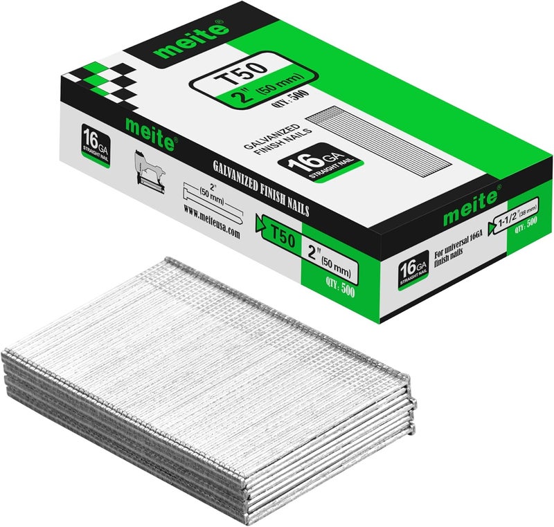 Meite 16 Gauge Finish Nails - 2 Inch Galvanized 16GA Finishing Nails Straight Finish Nails for Window Casing Baseboard Crown Molding Trim Work, 500PCS - Image 1